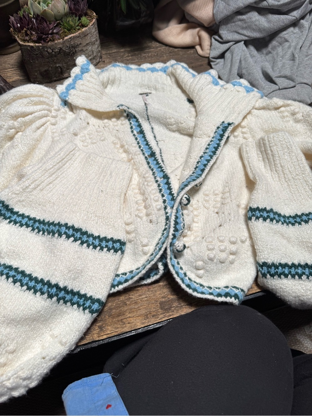 Free People Cream Knit Cardigan with Teal Stripe Accents